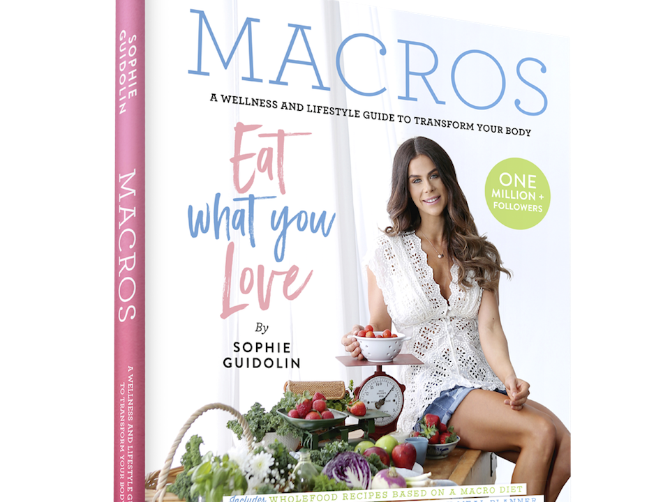 Sophie Guidolin MACROS book cover page||||Sophie Guidolin and MACROS recipe book in a kitchen