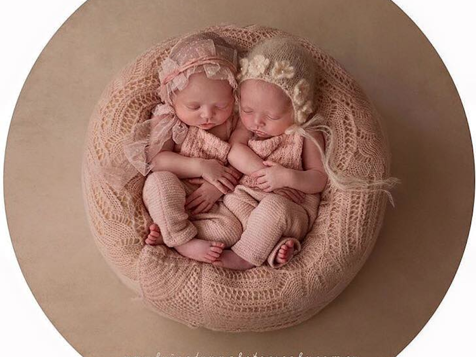 Newborn photo of identical twin baby girls wearing pastel pink