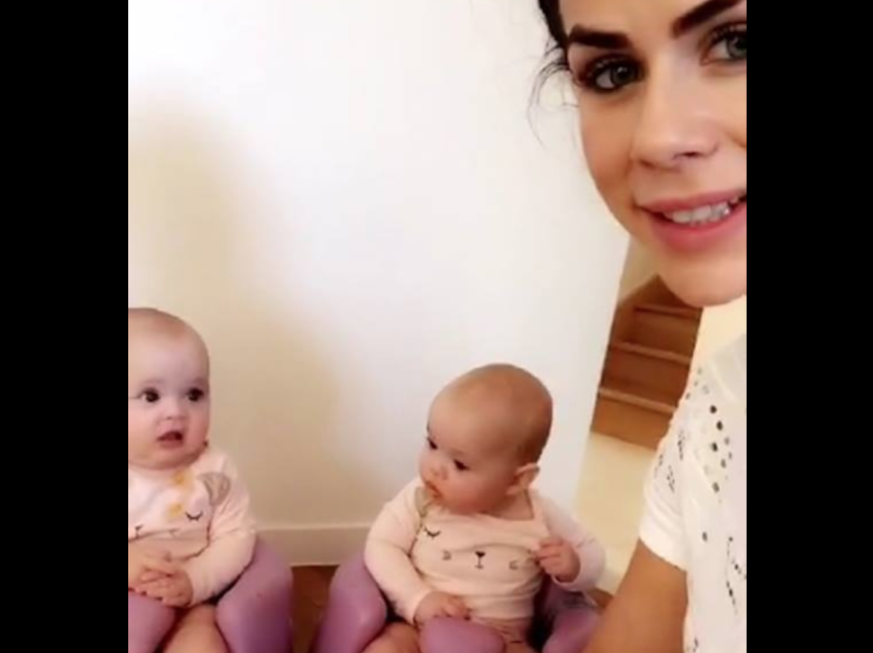 Sophie Guidolin and identical twin baby girls eating solids in the kitchen