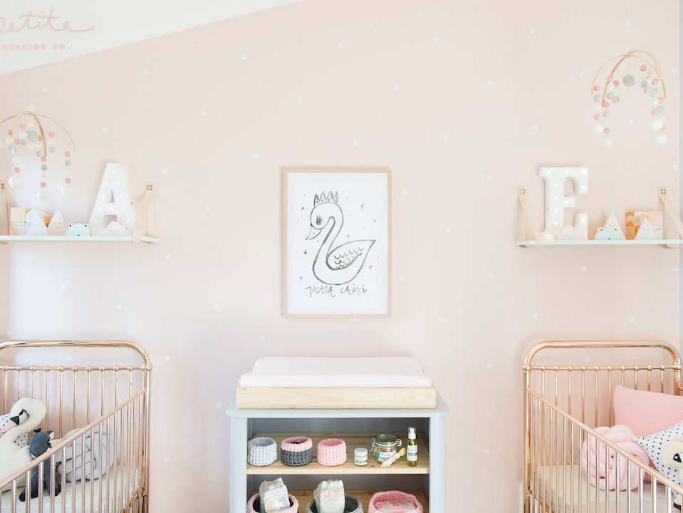 Incy Rose Gold Cot|Evie and Aria's nursery room with rose gold cots and baby pink decor|Evie and Aria's newborn nursery room with delicate decor and pink and blue colours