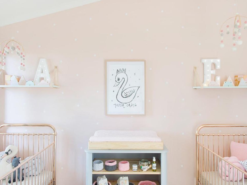 Baby twin girl nursery room with pink furniture|Baby girl pink nursery||Nursery photo with pink furniture and rose gold cot||Twins baby rompers with pink bunnies