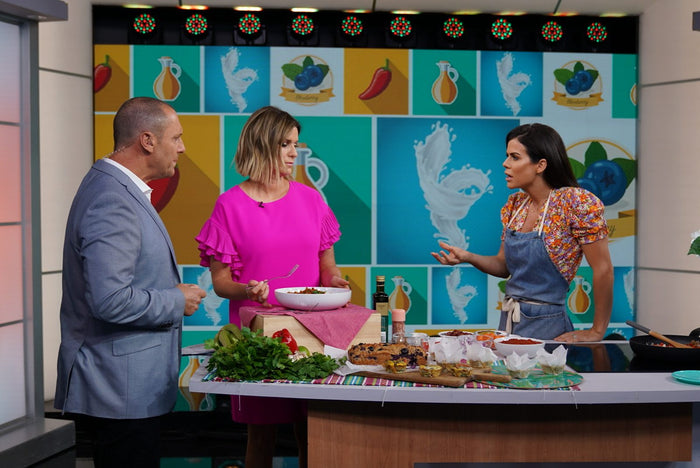 Sophie Guidolin presenting a nutrition segment on Channel 7's The Morning Show, discussing healthy eating and meal preparation with the hosts.